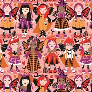 Normal scale // Witches dance // pink background red orange and berry pink halloween fantasy costumes