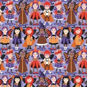 Tiny scale // Witches dance // lilac background red orange and purple halloween fantasy costumes