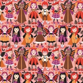 Tiny scale // Witches dance // pink background red orange and berry pink halloween fantasy costumes