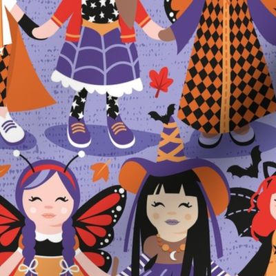 Normal scale // Witches dance // lilac background red orange and purple halloween fantasy costumes