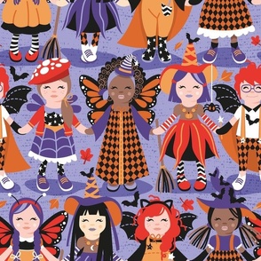 Normal scale // Witches dance // lilac background red orange and purple halloween fantasy costumes