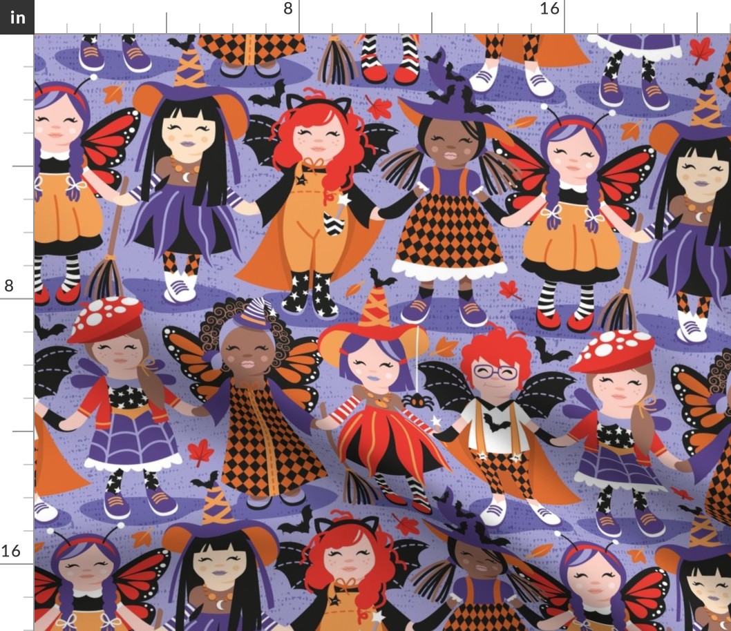 Normal scale // Witches dance // lilac background red orange and purple halloween fantasy costumes