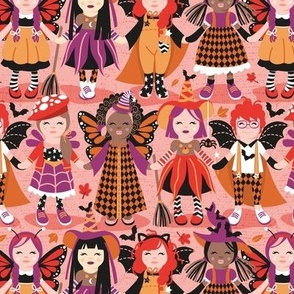 Small scale // Witches dance  // pink background red orange and berry pink halloween fantasy costumes