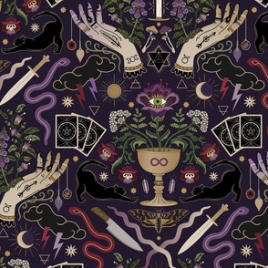 Eclectic_witch_life_on_purple_-_with_cards%2c_cat%2c_poisonous_plants%2c_crystals%2c_snakes_