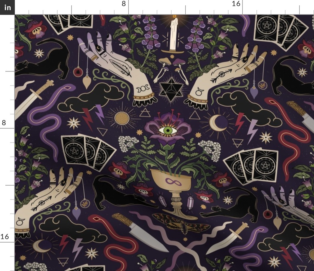 Eclectic witch life on purple - with cards, cat, poisonous plants, crystals, snakes - extra large