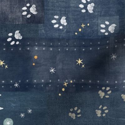 Block Print Paws | Cat paw prints with moons and stars on linen patchwork, magic fabric, night sky, halloween, witch fabric, cat paws, cat fabric, cat lover, pets, pet prints, paw print, halloween cats, witch's cat.