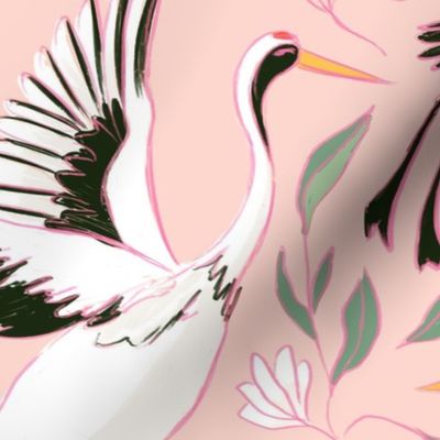 Stork sketchy drawing with white floral elements (medium size version, pink background)
