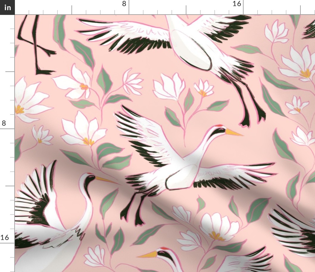 Stork sketchy drawing with white floral elements (medium size version, pink background)