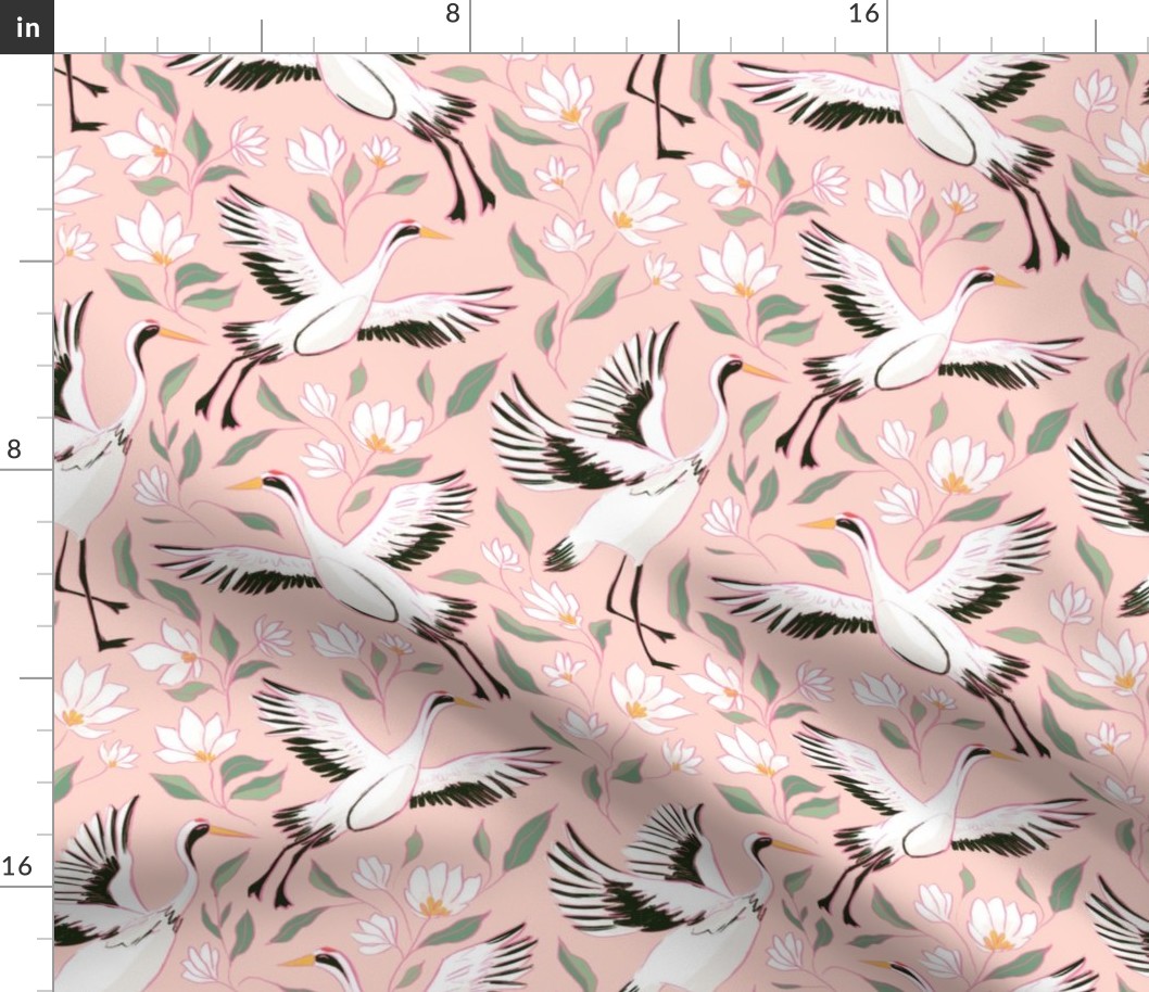 Stork sketchy drawing with white floral elements (small size version, pink background)