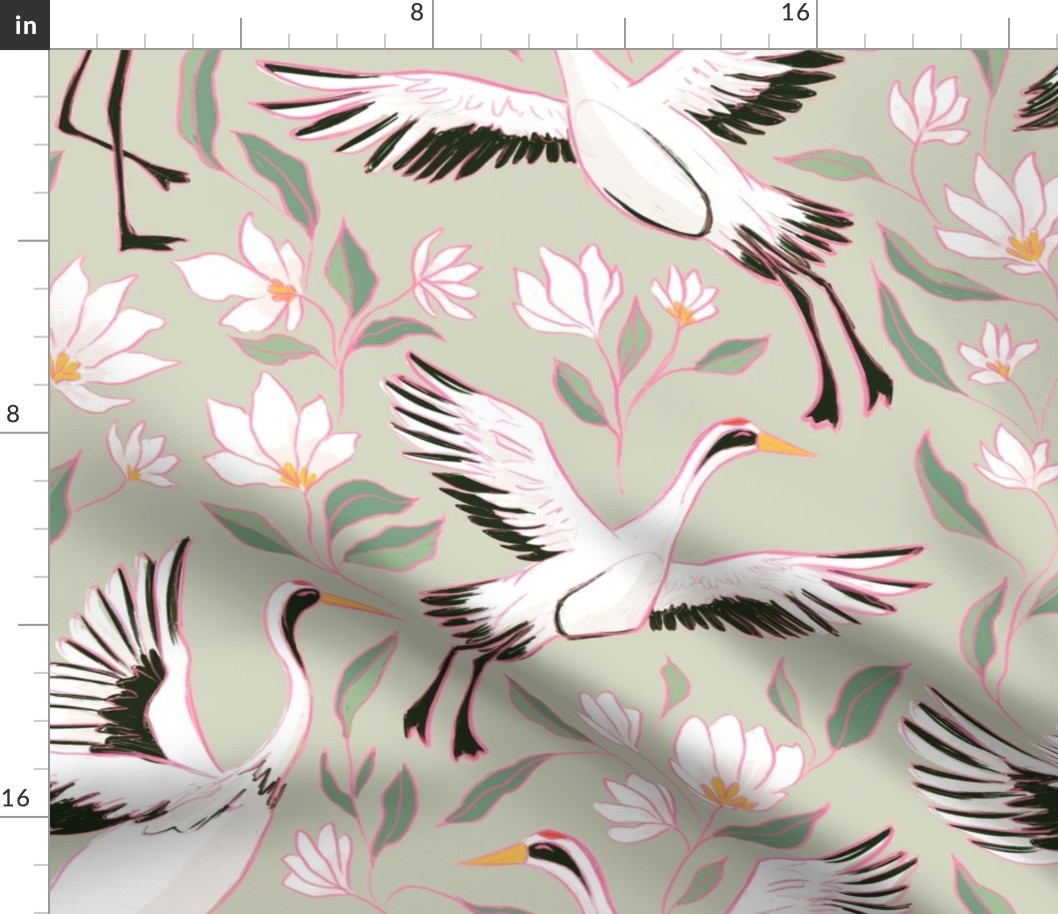 Stork sketchy drawing with white floral elements (medium size version, green background)