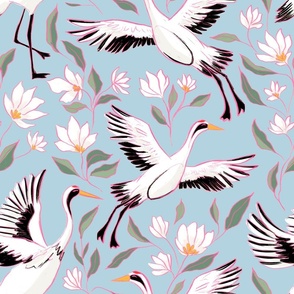 Stork sketchy drawing with white floral elements (normal size version, light blue background)