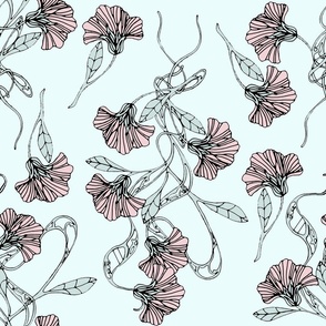Vine and Floral  Background in Sky Blue 