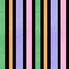 Retro Fun - Stripes, veritical, variegated in pink, orange, lavender and green on a black background.