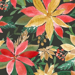 golden christmas florals on blackish green 