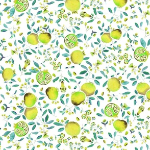 Pomegranates in yellow and teal medium