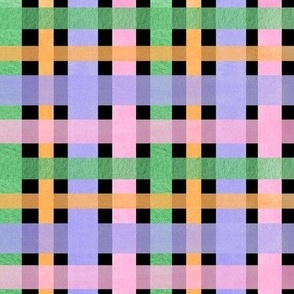 Retro Fun - Plaid in bright pastel colors, pink, green, lavender and orange on a black background.