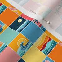 (mini) Beach Vibes, sunset and sunrise at the beach, surf boards and palm trees by the sea. Cheater quilt, yellow, orange and blue cheerful checks
