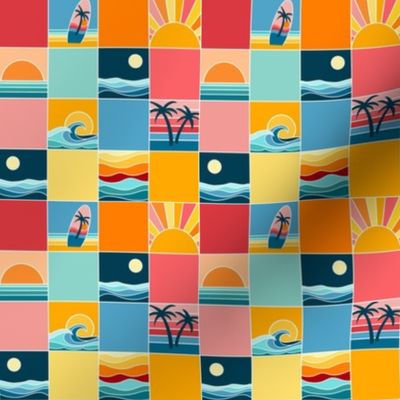 (mini) Beach Vibes, sunset and sunrise at the beach, surf boards and palm trees by the sea. Cheater quilt, yellow, orange and blue cheerful checks