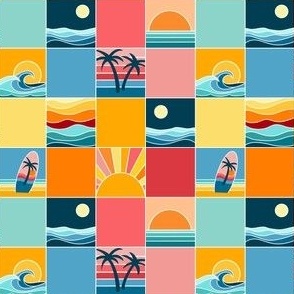 (mini) Beach Vibes, sunset and sunrise at the beach, surf boards and palm trees by the sea. Cheater quilt, yellow, orange and blue cheerful checks