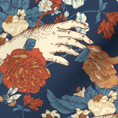 Victorian era flowers and woman hand