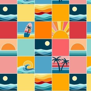 (small) Beach Vibes, sunset and sunrise at the beach, surf boards and palm trees by the sea. Cheater quilt, yellow, orange and blue cheerful checks