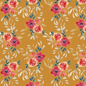 Painted Flowers on Dark Pumpkin Wallpaper,  Rust Color Floral Fabric