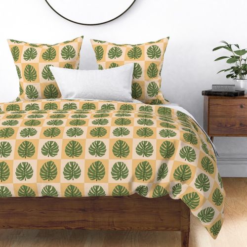 Check with Monstera Leaf  || Green Leaves on Yellow and Peach Check || Outdoor Oasis  Collection by Sarah Price