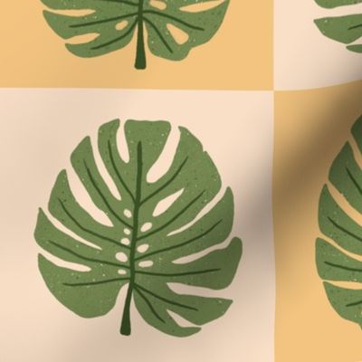 Check with Monstera Leaf  || Green Leaves on Yellow and Peach Check || Outdoor Oasis  Collection by Sarah Price