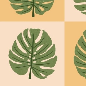 Monstera Check || Outdoor Oasis  Collection || Green Leaves on Yellow and Peach Check  by Sarah Price