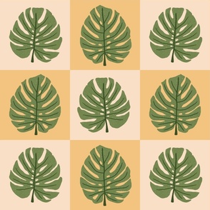 Check with Monstera Leaf  || Green Leaves on Yellow and Peach Check || Outdoor Oasis  Collection by Sarah Price