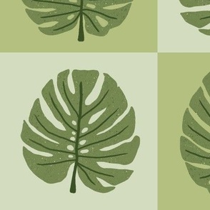 Monstera Check || Outdoor Oasis  Collection || Green Leaves on Green Check  by Sarah Price