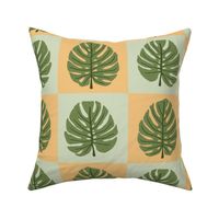 Check with Monstera  Leaf || Green Leaves on Green and Peach Check || Outdoor Oasis  Collection by Sarah Price