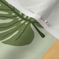 Check with Monstera  Leaf || Green Leaves on Green and Peach Check || Outdoor Oasis  Collection by Sarah Price