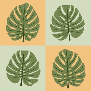 Check with Monstera  Leaf || Green Leaves on Green and Peach Check || Outdoor Oasis  Collection by Sarah Price