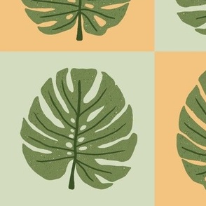 Monstera Check || Outdoor Oasis  Collection || Green Leaves on Yellow and Green Check  by Sarah Price