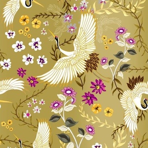 Chinoiserie, Cranes on gold purple flowers