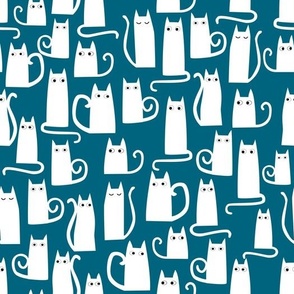 Kitty Cats White on Teal Small Scale