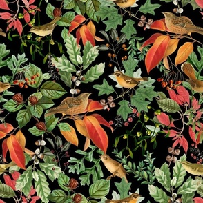 14" Fall cabincore twigs ,berries, leaves and birds, autumn fabric, vintage Dark Moody Floral birds cabincore fabric black