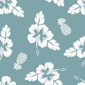 Hibiscus and pineapple pattern teal - small scale