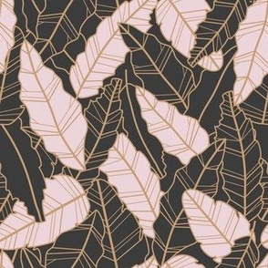 Overlapping gray and orange banana leaves - line artwork dense foliage pattern - small scale