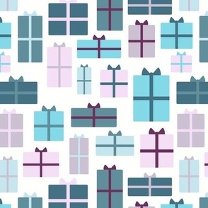 Christmas presents in pastel colors blue, lilac and pink