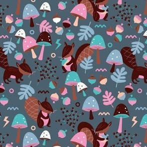 Retro squirrels fall garden toadstools and oak leaves berries kids pink teal blue on slate gray