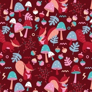 Retro squirrels fall garden toadstools and oak leaves berries kids pink maroon blue red