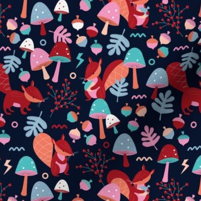 Retro squirrels fall garden toadstools and oak leaves berries kids pink maroon  red teal on navy blue