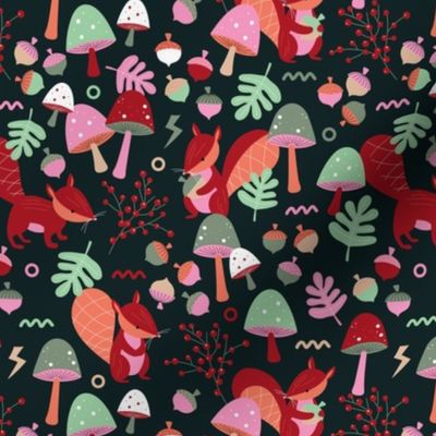 Retro squirrels fall garden toadstools and oak leaves berries kids pink mint green red on black
