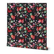 Retro squirrels fall garden toadstools and oak leaves berries kids pink mint green red on black