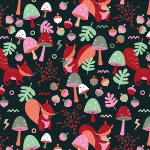 Retro squirrels fall garden toadstools and oak leaves berries kids pink mint green red on black