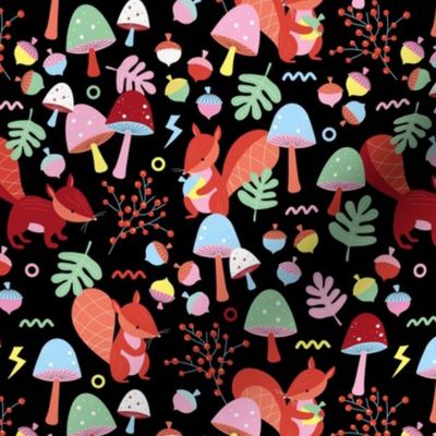 Retro squirrels fall garden toadstools and oak leaves berries kids colorful nineties red orange mint green blue and yellow on black