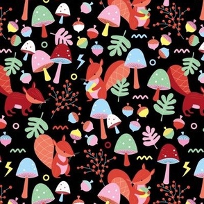 Retro squirrels fall garden toadstools and oak leaves berries kids colorful nineties red orange mint green blue and yellow on black