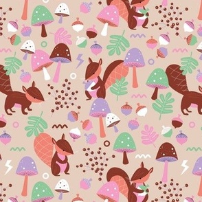 Retro squirrels fall garden toadstools and oak leaves berries kids colorful nineties lilac pink blush on tan